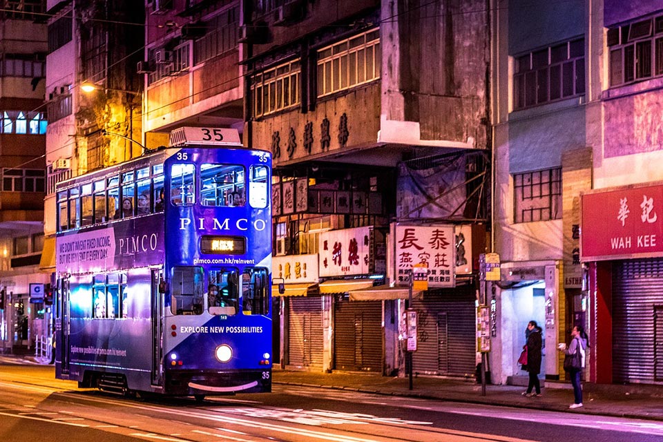 Hong Kong tram at night