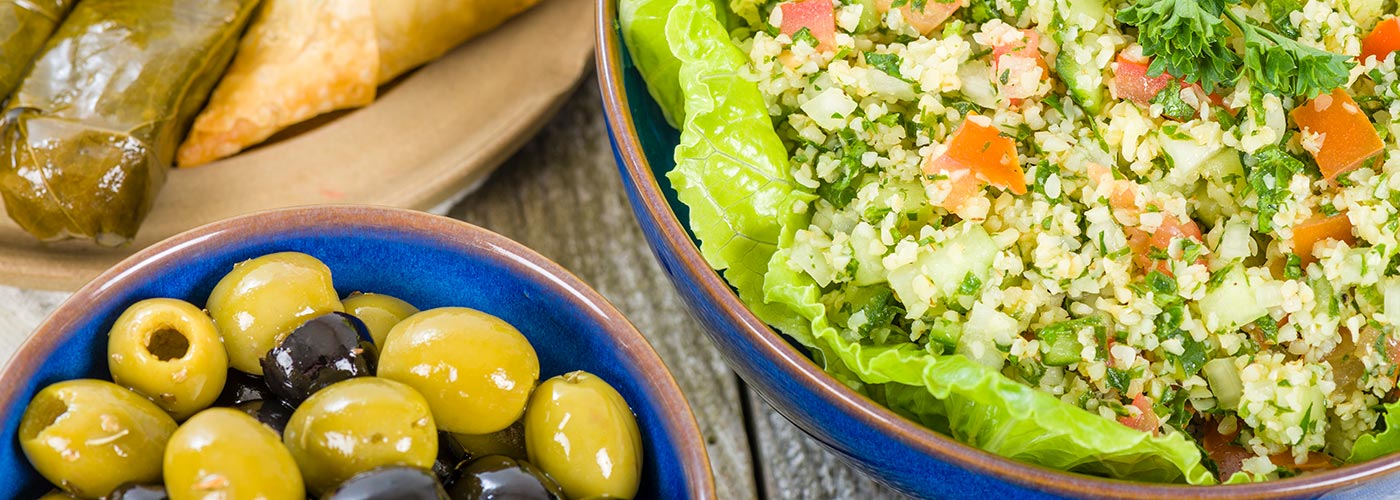 assorted meze snacks with tabbouleh